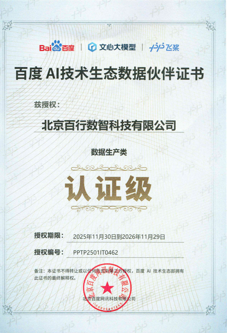 百度AI技术生态数据生产类认证级授权证书